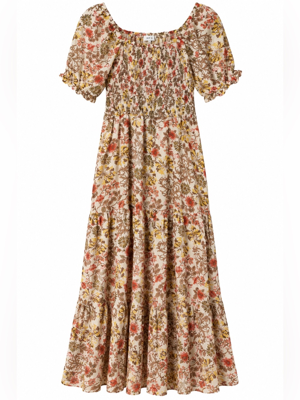 Hayden Floral Smocked Maxi Dress in Cream, Rust, and Mustard